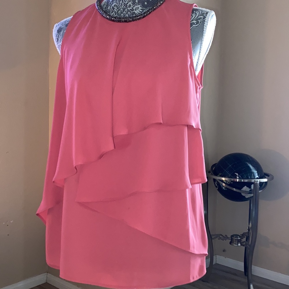Next pink sleeveless beaded neckline ruffle blouse size 12 - Picture 2 of 10